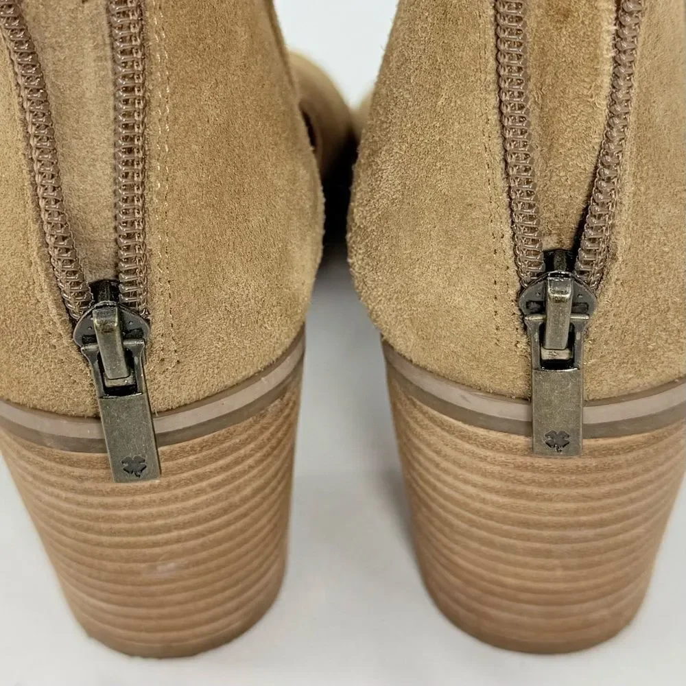 Lucky Brand KEIGHT Tan Suede Keyhole Open Toe Block Heel Ankle Sandal Bootie